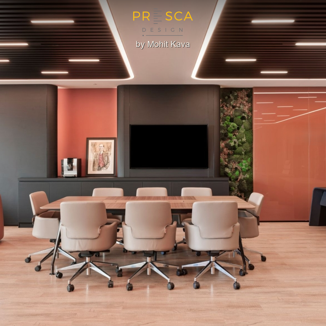 Contemporary meeting room with beige chairs, a wood-look table, charcoal panelling, terracotta accents and a slatted ceiling.